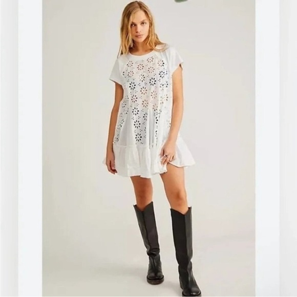 Free People Dresses & Skirts - Free People white Sadler floral mini dress with  Eyelet detail size small: boho